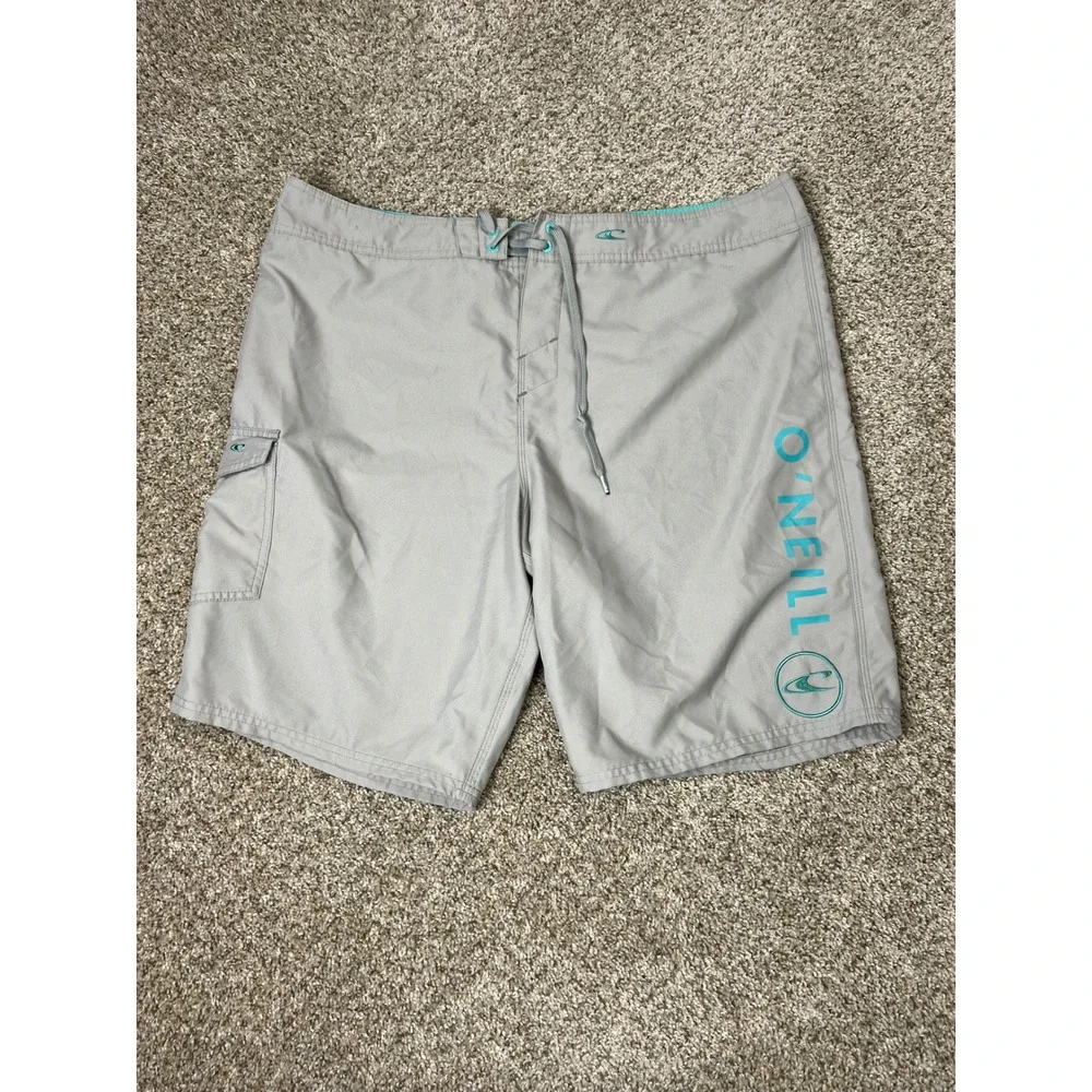 O'Neill Mens Gray Board Shorts Teal Logo Cargo Pocket Swim Trunks Size 40